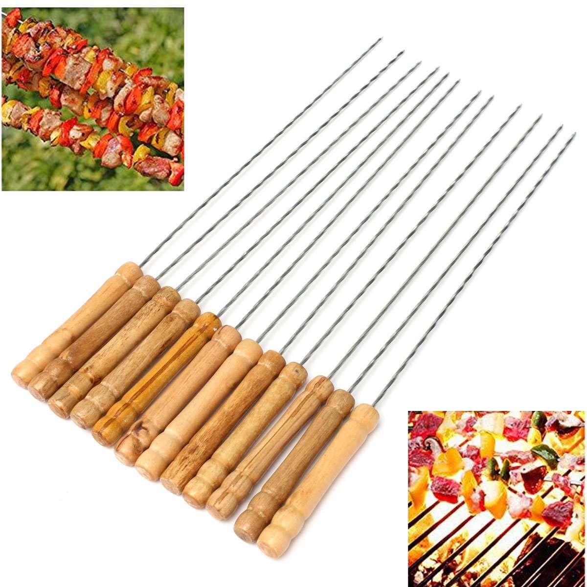 12X Stainless Steel Metal Barbeque Skewer Needle BBQ Kebab Stick Utensil 30cm BBQ Stick Fork
