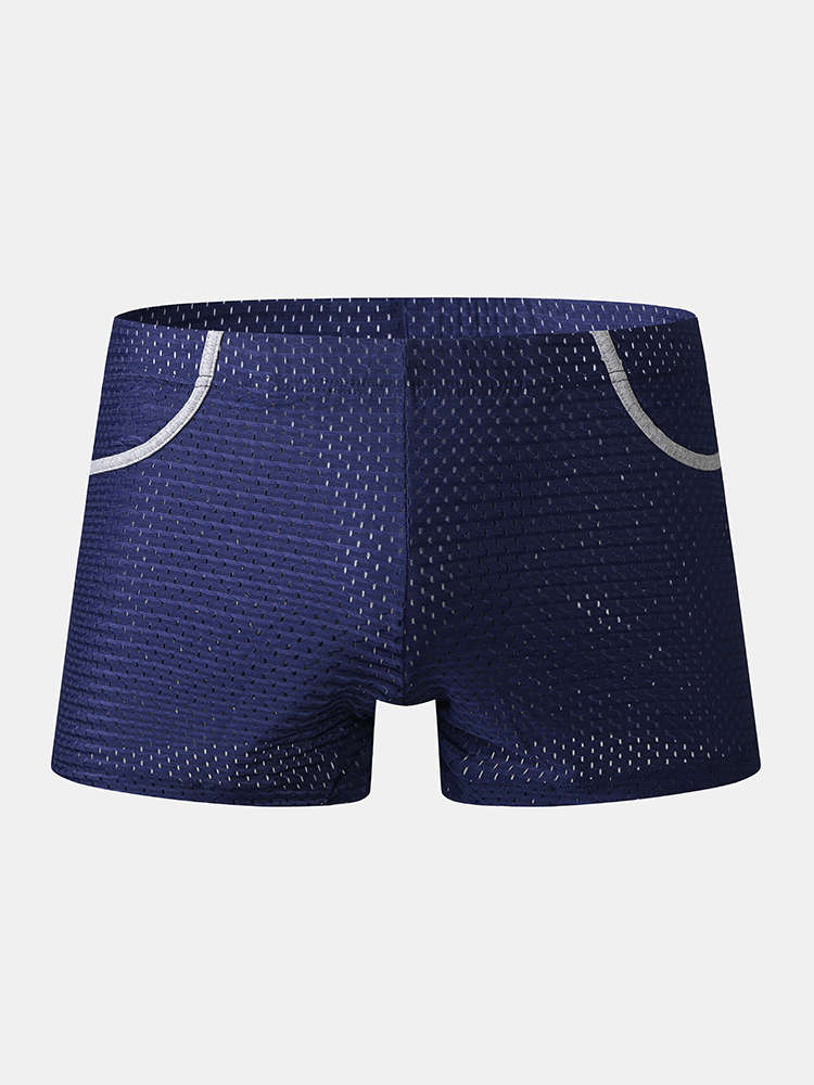Mens Mesh Breathable Thin Antibacterial Boyshorts Home Boxers Briefs With Pocke