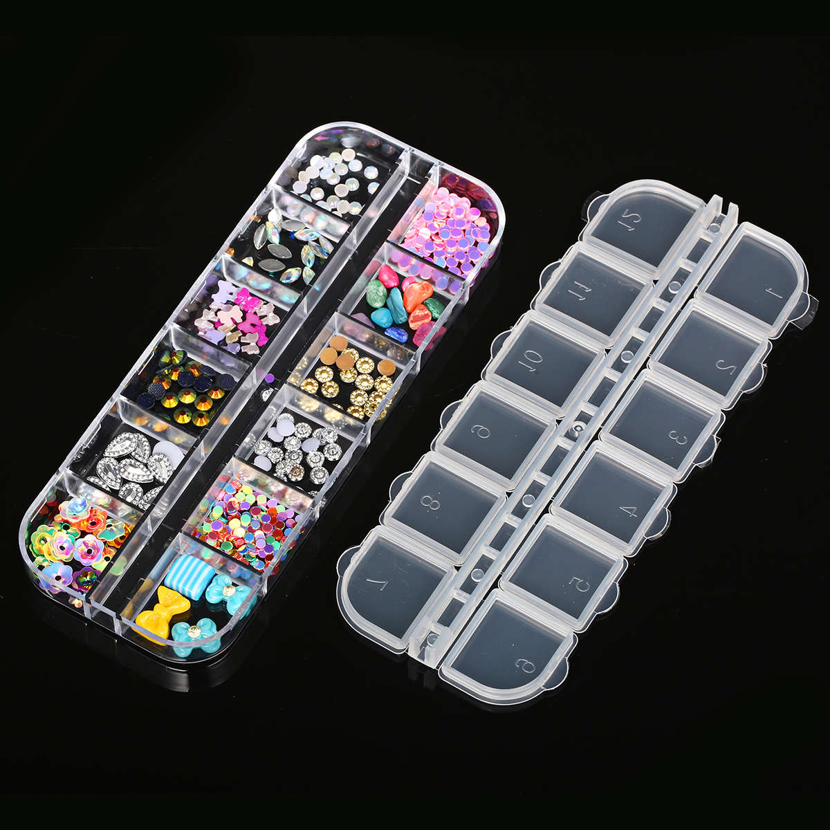 12 Grid Nail Art Acrylic 3D Rhinestone Glitters Beads Studs DIY Tips Decoration