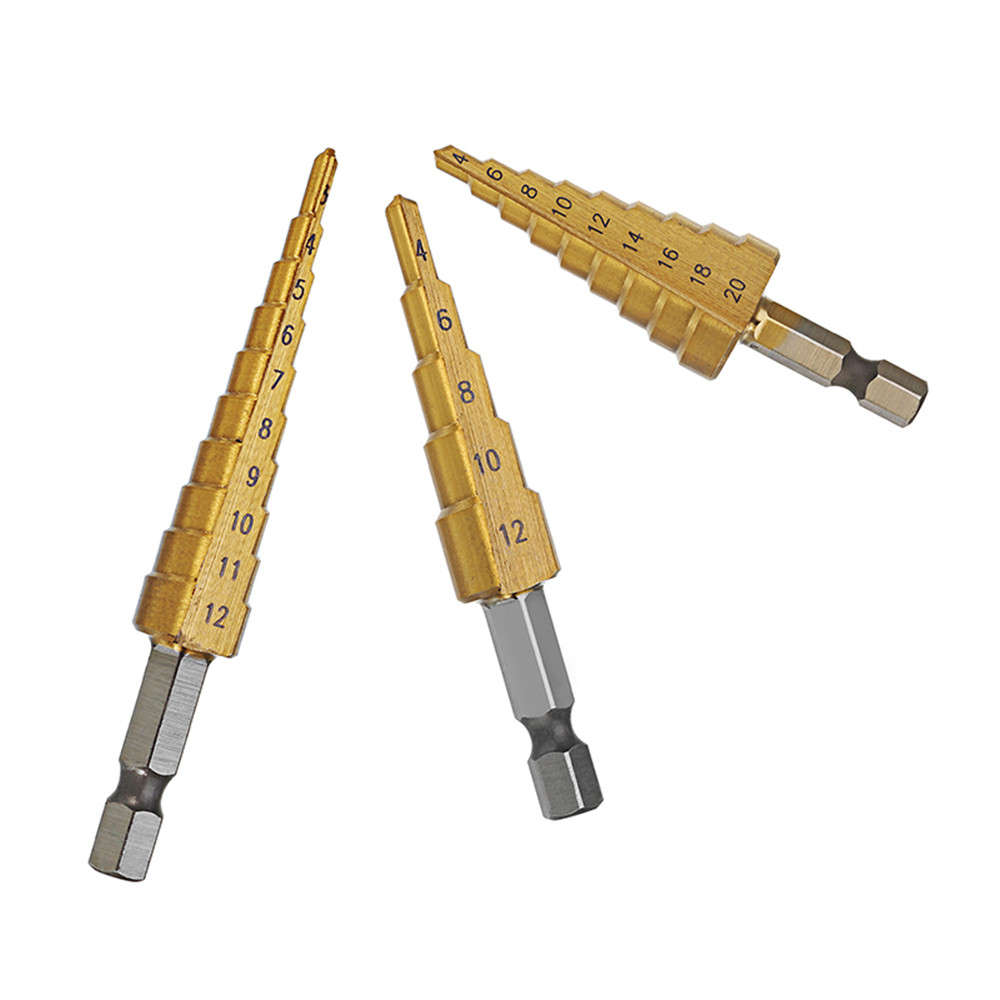Drillpro 3Pcs 1/4 Inch Hex Shank HSS Titanium Coated Step Drill Bit Set 3-12/4-12/4-20mm