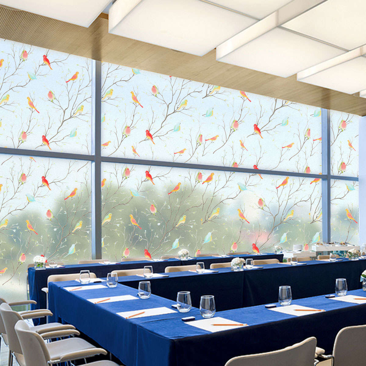 (Size 90 200cm )3D Matte Window Sticker Colorful Bird Non-adhesive Frosted Glass Static Cling St...