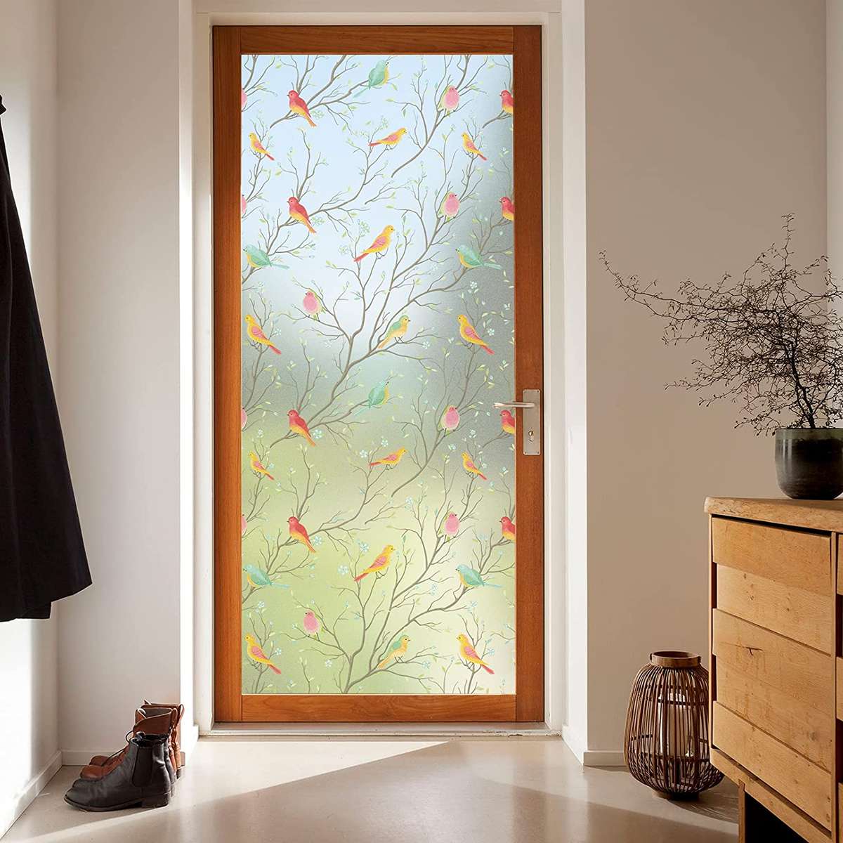 (Size 90 200cm )3D Matte Window Sticker Colorful Bird Non-adhesive Frosted Glass Static Cling St...