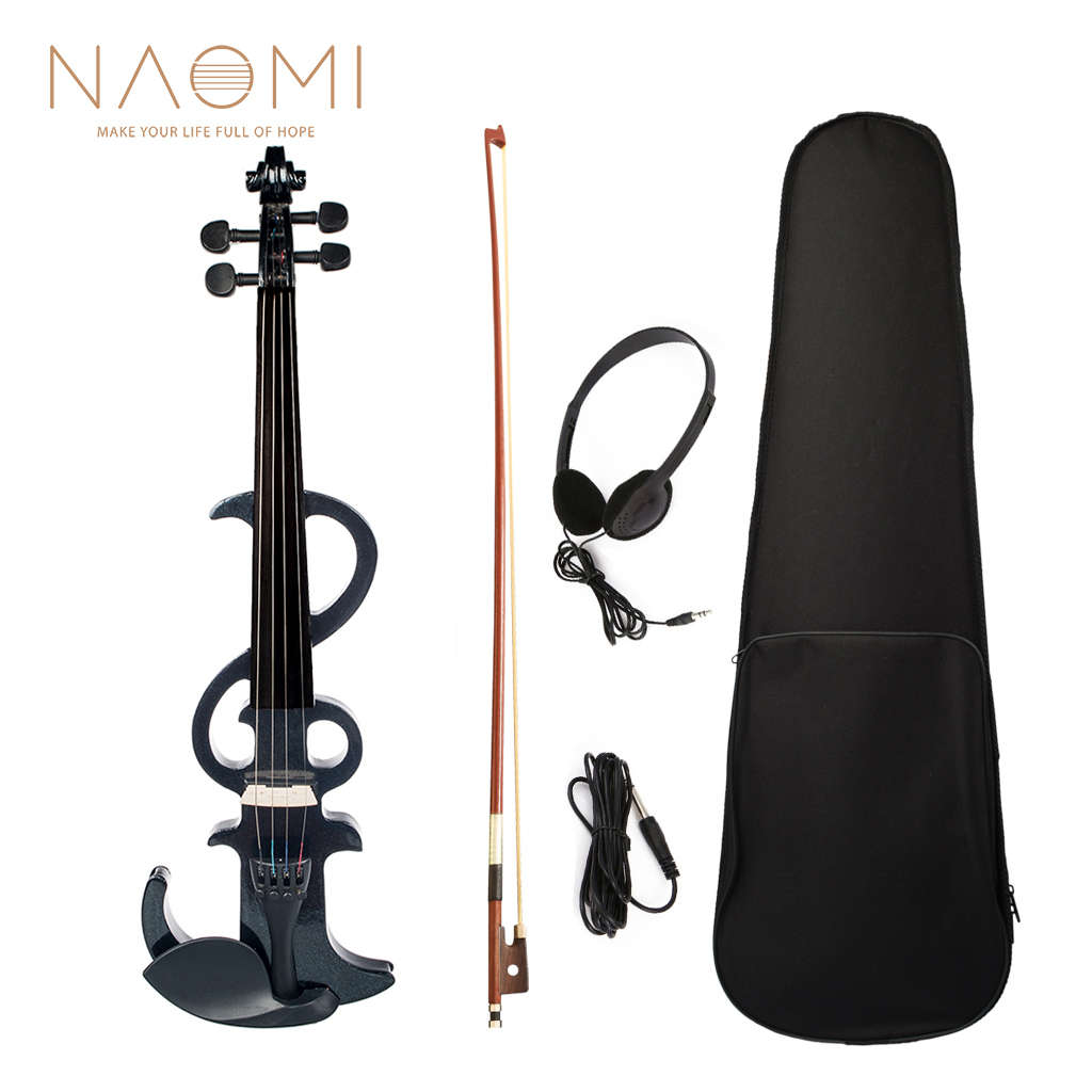 NAOMI Electric Violin 4/4 Electric Silent Violin Full Size Violin Ebony Fretboard +Case-Black
