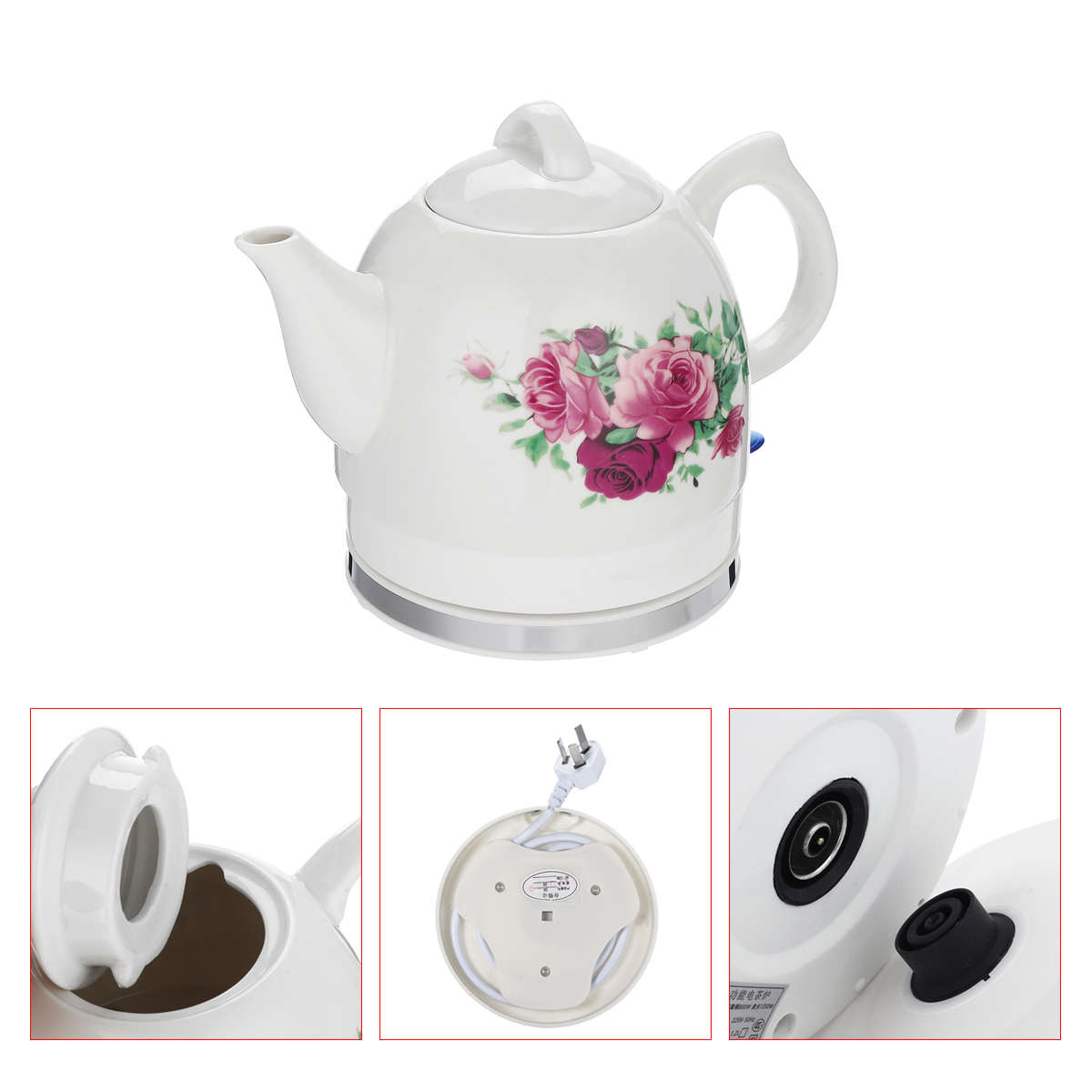 1.2L Electric Tea Water Kettle Ceramic Pot with Floral Rose Variable Temp White