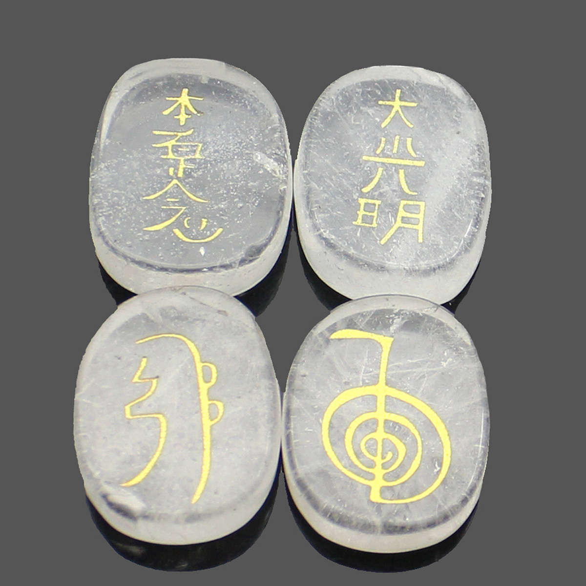 4PCS Engraved Usui Reiki Symbol Healing Energy Sanskrit Palm Crystal Stone Set Stone Decorations