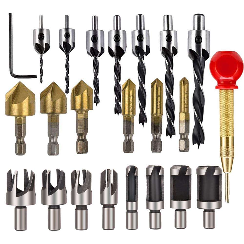 Drillpro 23Pcs Woodworking Chamfer Countersink Drill Bit 6pcs 1/4 Inch Hex 5 Flute 90 Degree Counter