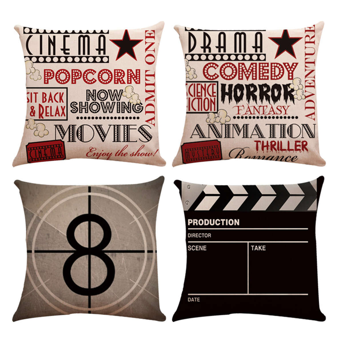 4PCS Linen Sofa Car Home Movie Theater Cinema Pillow Case