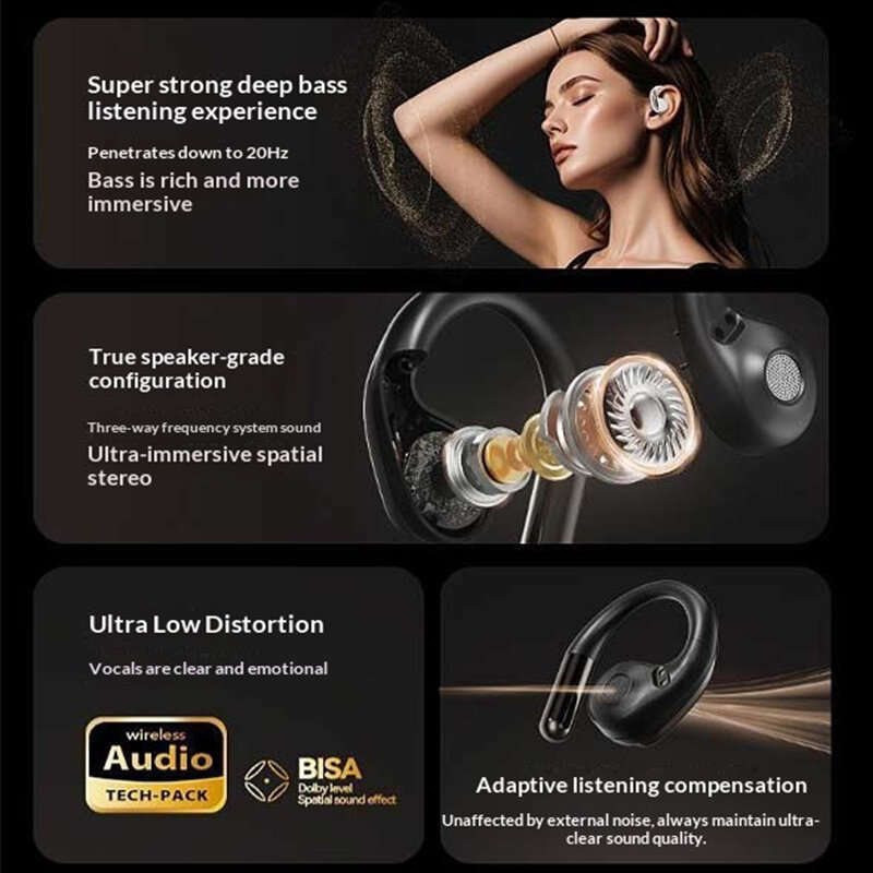 Black - LENOVO EA360 Air Conduction Headset Wireless bluetooth 5.4 Earphone Deep Bass Touch Control