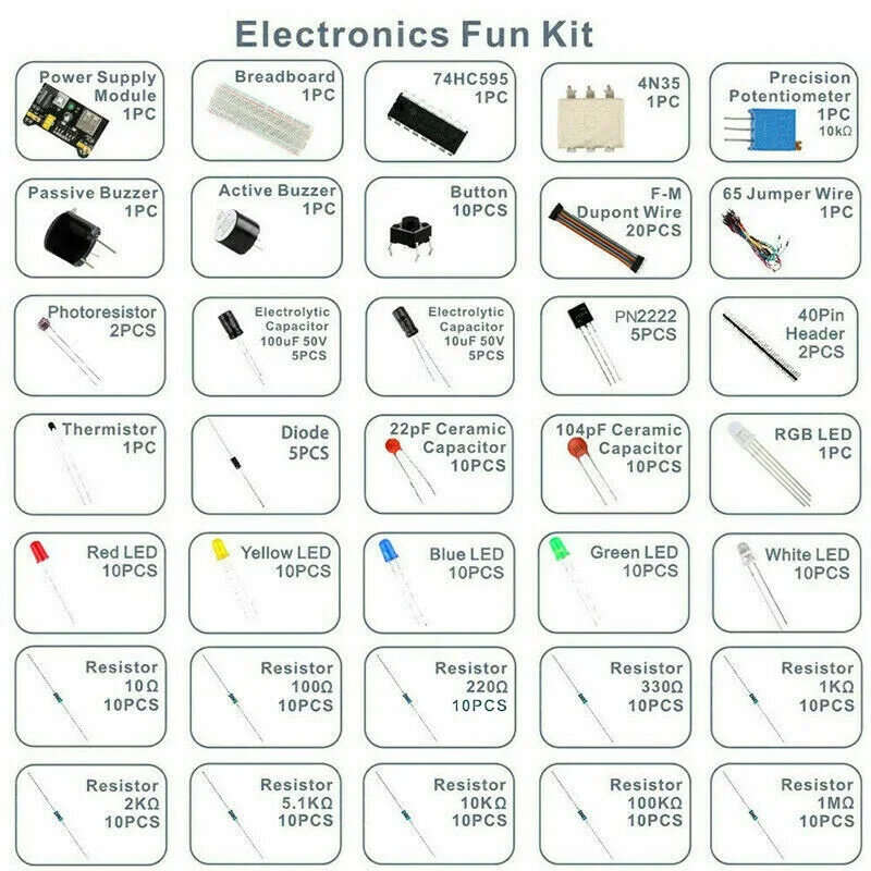 Full Kit - 830-hole Breadboard Kit Electronic Components Starter Pack with Jumper Wires LEDs Resisto