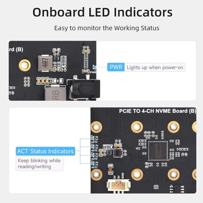 With US Charger - PCIe To 4 Channel M2 Adapter Board for Raspberry Pi 5 Supports NVMe SSD High Speed