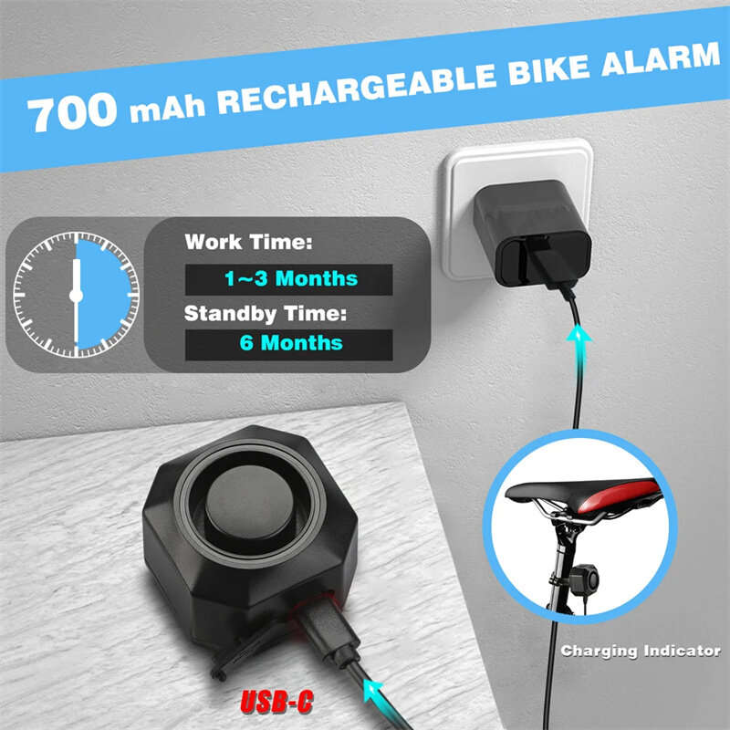 Black - XANES 110dB Bicycle Anti-theft Alarm Lock Wireless Control 70m Range 180 Days Standby USB Re