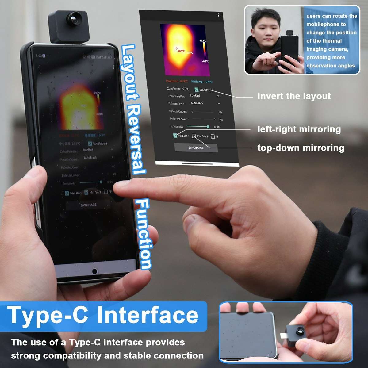Portable Mobile Phone Thermal Imager -20 to 1000 Small Thermal Imaging Camera Support Maximum Minimu