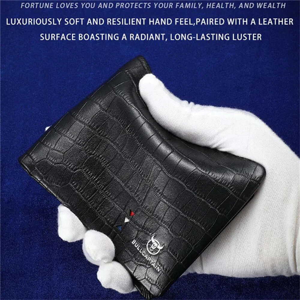 Black - BULLCAPTAIN Business Casual Billfold Cowhide Leather Men Wallet with Gift Box Short Crocodil