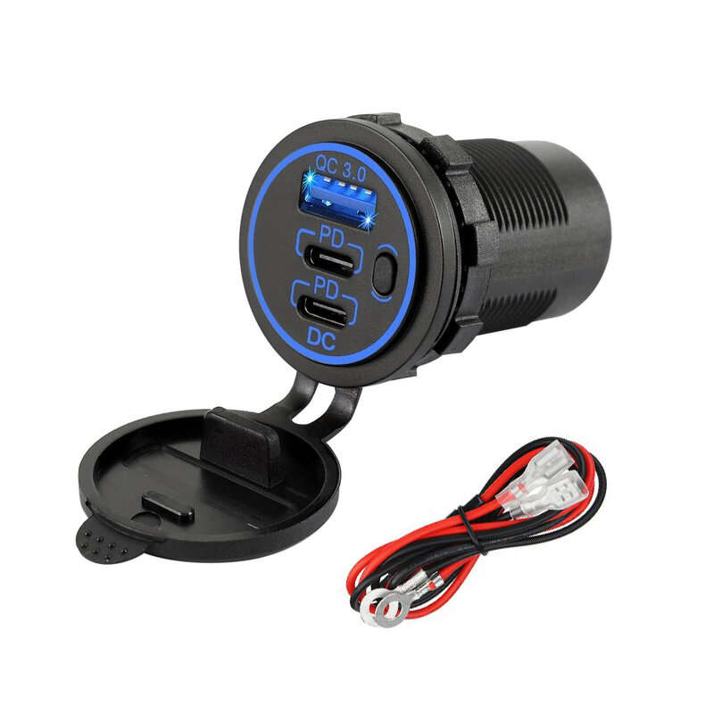 Blue Light - 12-24V Triple USB Car Charger Socket QC3.0 & Two PD3.0 With ON/OFF Independent Switch F