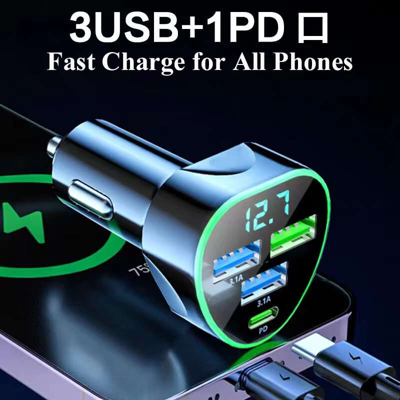 #2 - 350W 4-Port USB PD Car Charger Adapter 3USB-A+USB-C Fast Charging with Blue LED for iPhone 16 1