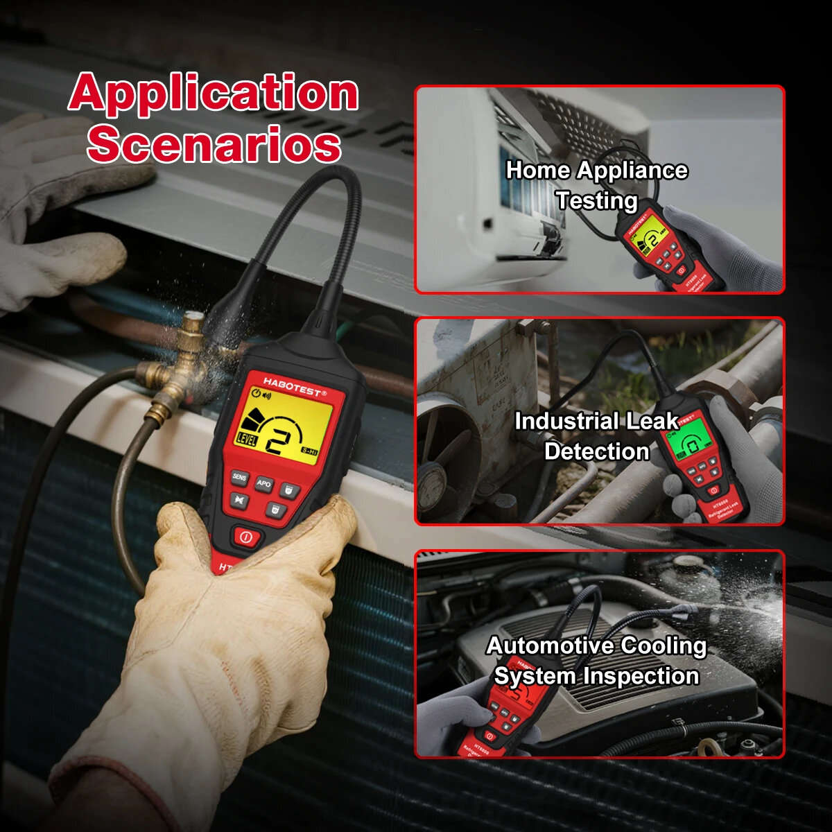 Red - HABOTEST HT6000 Halogen Gas Leak Tester Audible Visual Alarms 16-200PPM High-Sensitivity Senso
