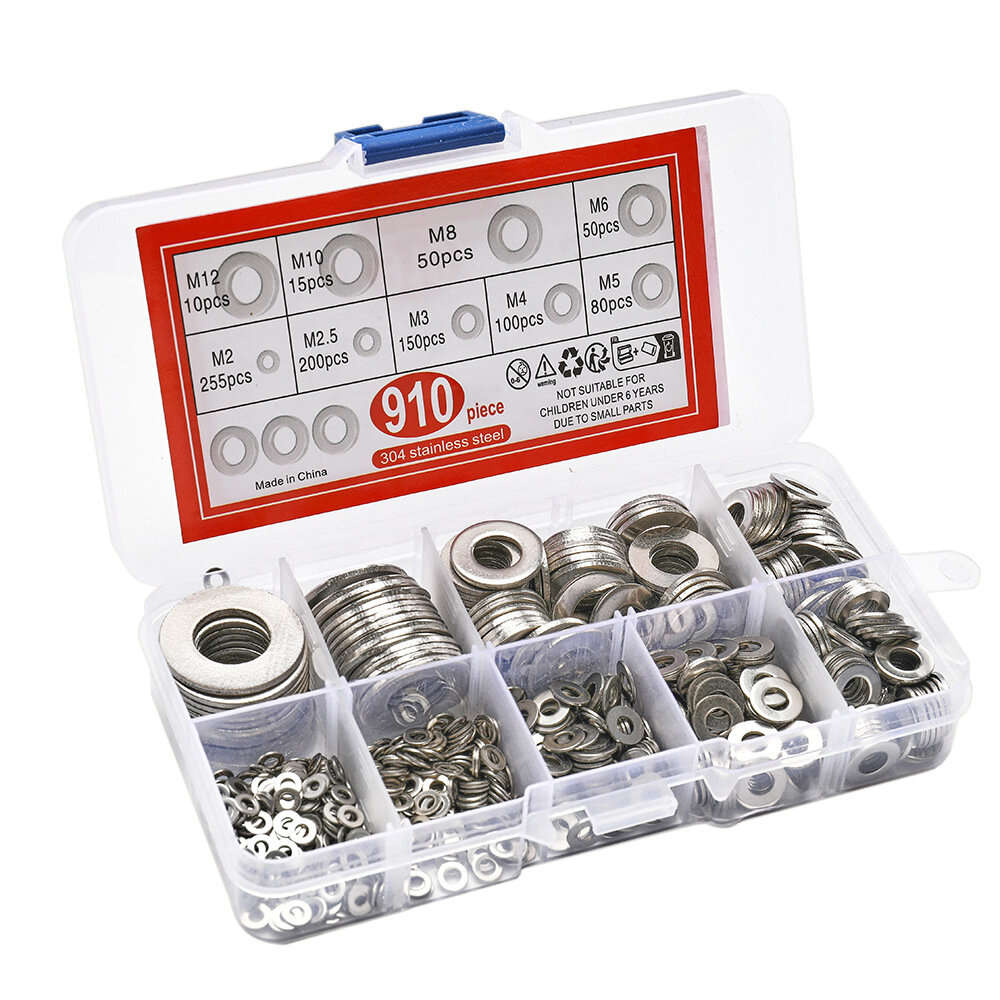 910pcs - 910pcs/200pcs 9 Sizes 304 Stainless Steel Flat Washers Assortment Kit M2 M2.5 M3 M4 M5 M6 M