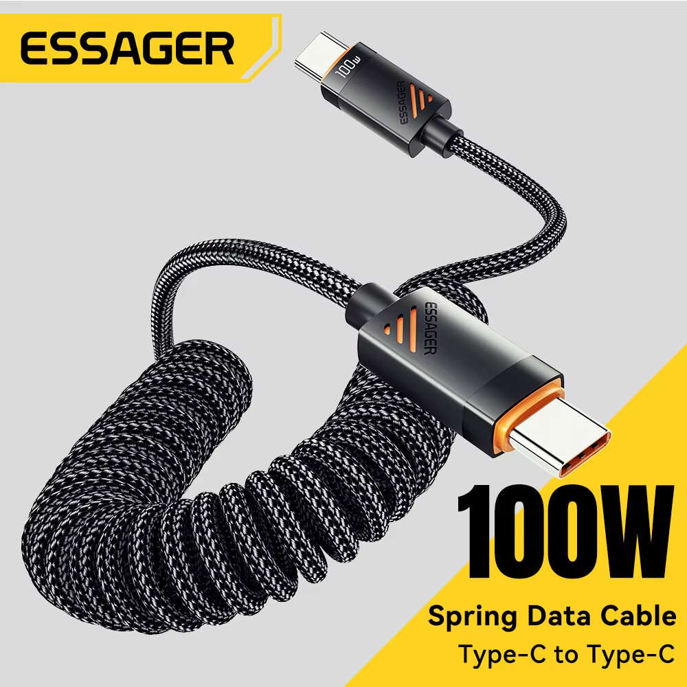 1.8M - ESSAGER ES-X66 3A/5A 60W/100W Type-C to Type-C Spring Data Cable PD3.0 QC4.0/3.0 FCP Fast Cha