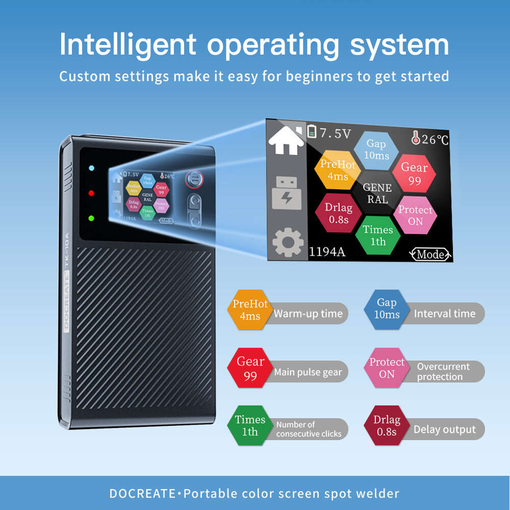 Black - DOCREATE TK-10A Portable LCD Screen Spot Welder 1200A Welding Current 8000mAh Battery Advanc