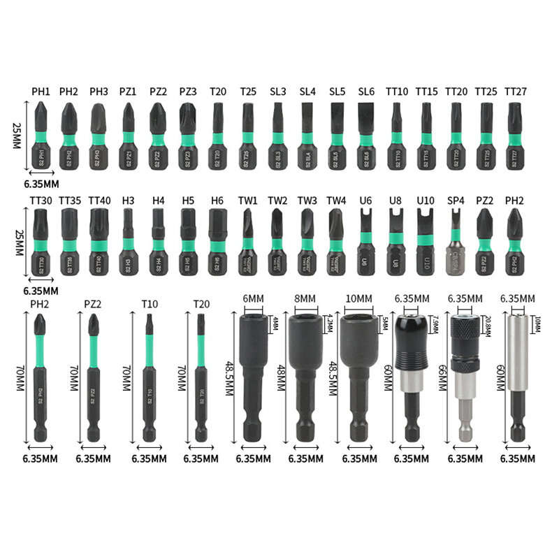 Black - 44PC Screwdriver Bit Set Magnetic S2 Steel 635mm Shank Compatible with Electric Screwdriver