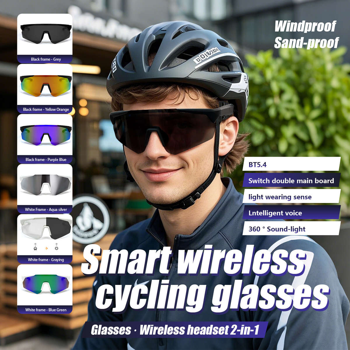 White Frame-Grey - QY-Pro2 bluetooth 5.4 Smart Cycling Glasses with AI Voice Assistant UV Protection