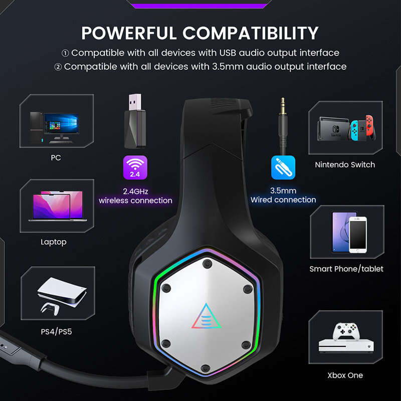 Black - EKSA E1000WT Gaming Headset 7.1 Surround Wireless bluetooth Headphone 50mm Powerful Driver E
