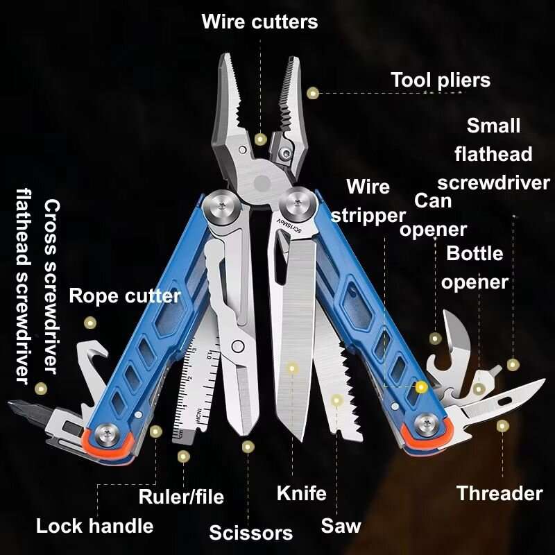 Blue - XGear Model-X Multi-Tool 14-in-1 Foldable Stainless Steel Compact Portable Outdoor Survival T
