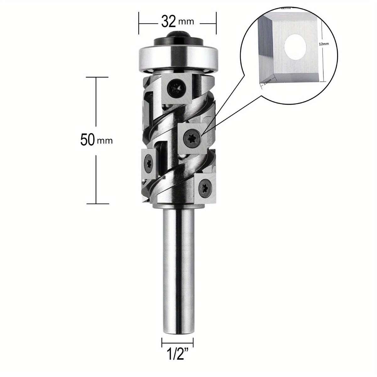 Type-B - Carbide Insert Flush Trim Router Bit 32mm Dia 1/2" Shank 50mm Cutting Length Top/Bottom Bea