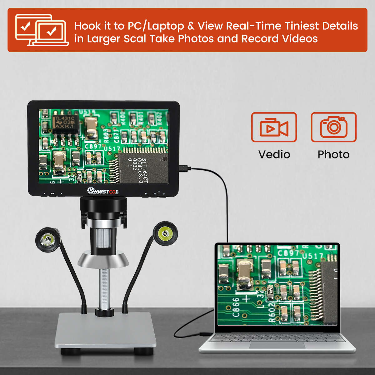 Mustool DM9 Digital Microscope 7-inch 1200X Magnifying w/Reflect cover High Resolution 1080FHD Video