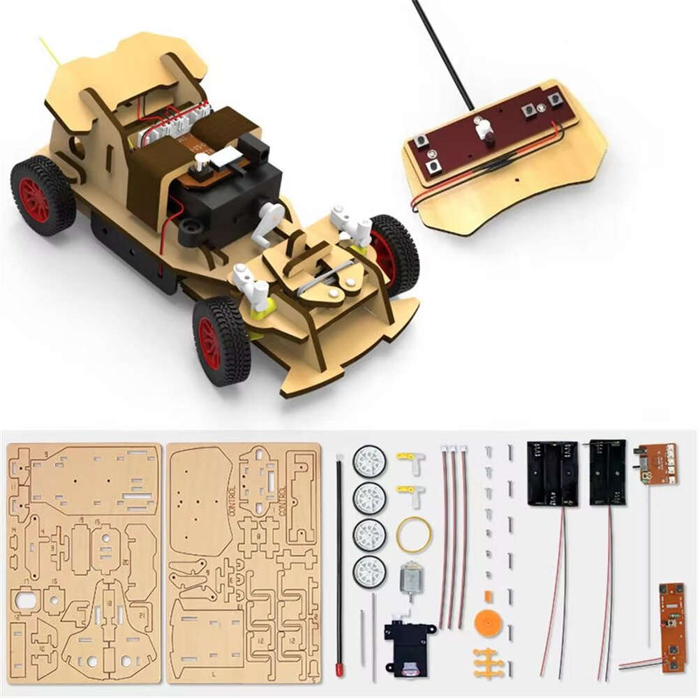 Yellow - Wooden Remote Control 4WD Car Assembly Kits DIY Stem Education Student 's Science Experimen