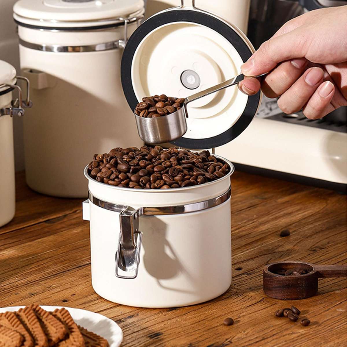 stainless steel - 1.8L Stainless Steel Coffee Bean Container with Date Display and Spoon Sealed Coff