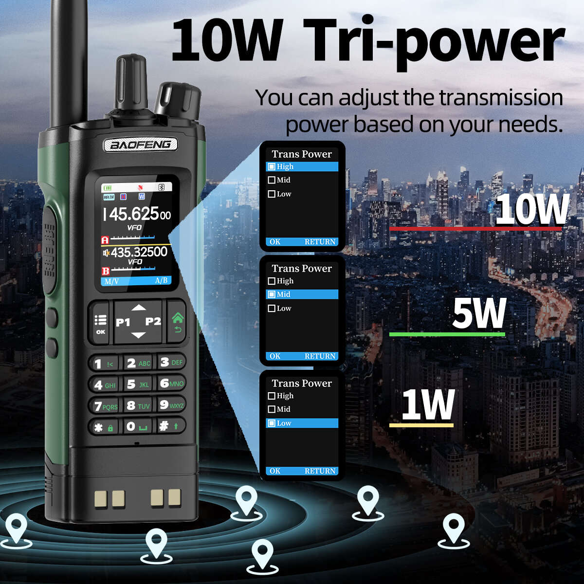 Black - Baofeng BF-UV32 GPS Walkie Talkie 10W Long Range Multi Band Bluetooth App 1000 Channels USB-