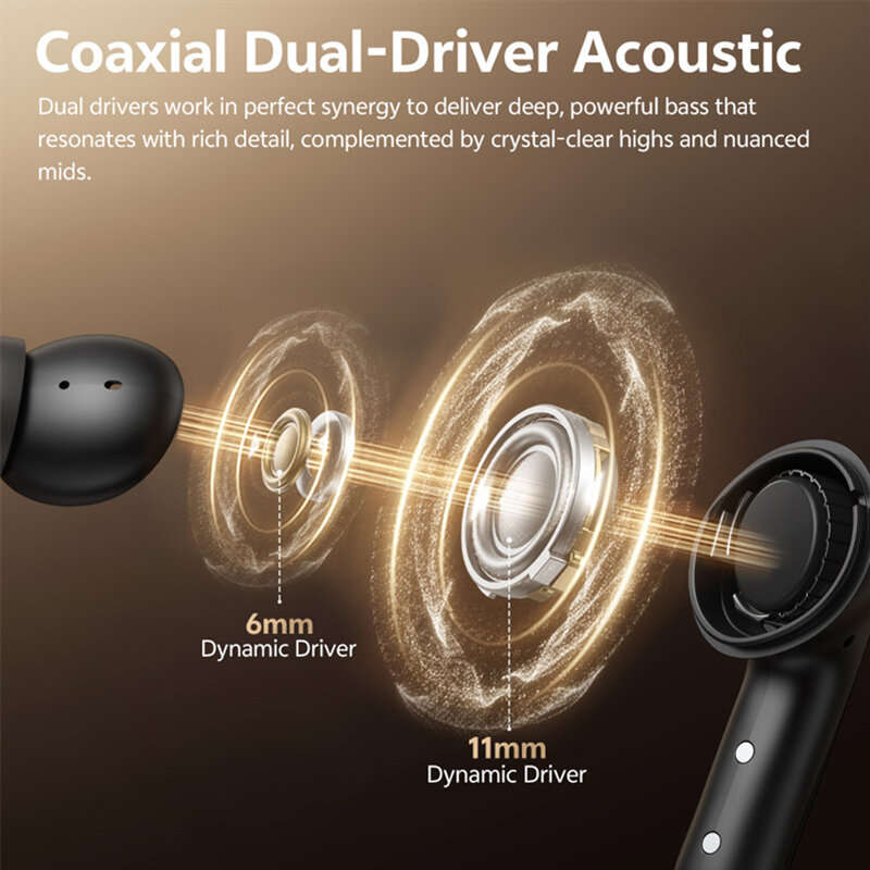 Black - QCY MeloBuds N60 ANC In-ear Earbuds Double Drivers bluetooth 6.0 Earphone -56dB Active Noise