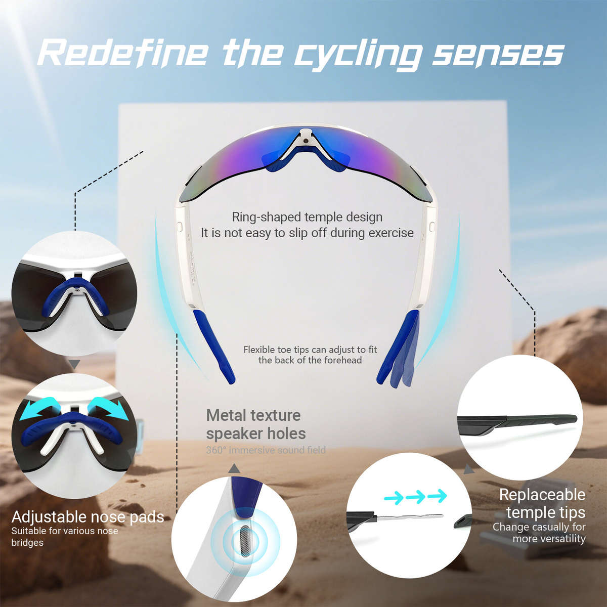 White Frame-Blue - Bakeey QY Pro3 Smart bluetooth 5.4 Cycling Glasses with AI Voice Assistant 360 Su