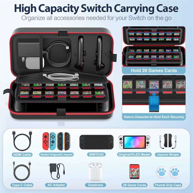 Black - for Switch 2 & Switch Original & Switch OLED Large Storage Bag Anti-Scratch Waterproof Trave