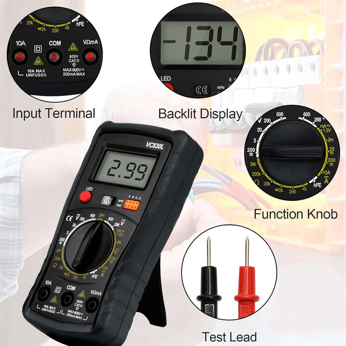 Digital Multimeter Pocket, Multifunction Battery Tester with Backlight Test Wire, Voltage Tester wit