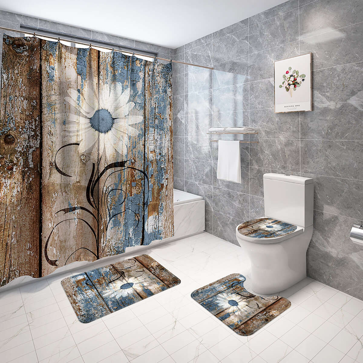 (40*60 Floor Mat)180x180CM Daisy Shower Curtain Non-toxic Anti-slip Bath Mat Set Waterproof Toilet R