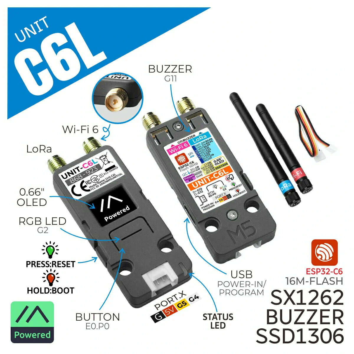 Unit C6L - M5Stack Unit C6L for Meshtastic LoRa Communication Module ESP32-C6 SX1262 WiFi 6 0.66 Inc