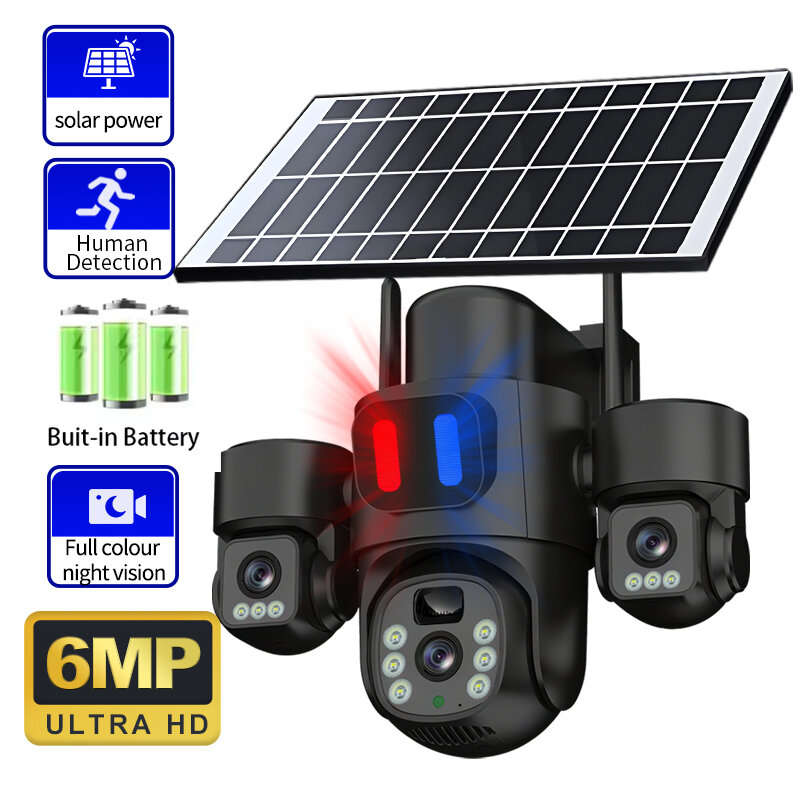 4G - Three Lens 6MP HD Solar Powered Security Camera 5X Zoom PTZ Color Night Vision Red Blue Alarm W
