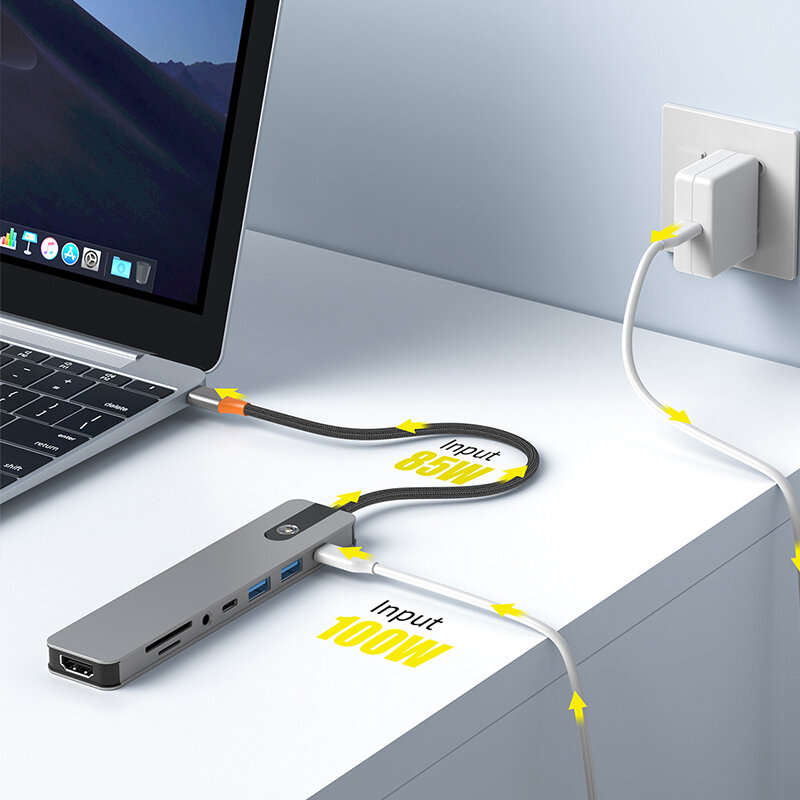 8 in 1 - 8-in-1 Type-C Docking Station USB Adapter with USB3.0*2 / Type-C 3.0 / PD100W / 4K60Hz HD /