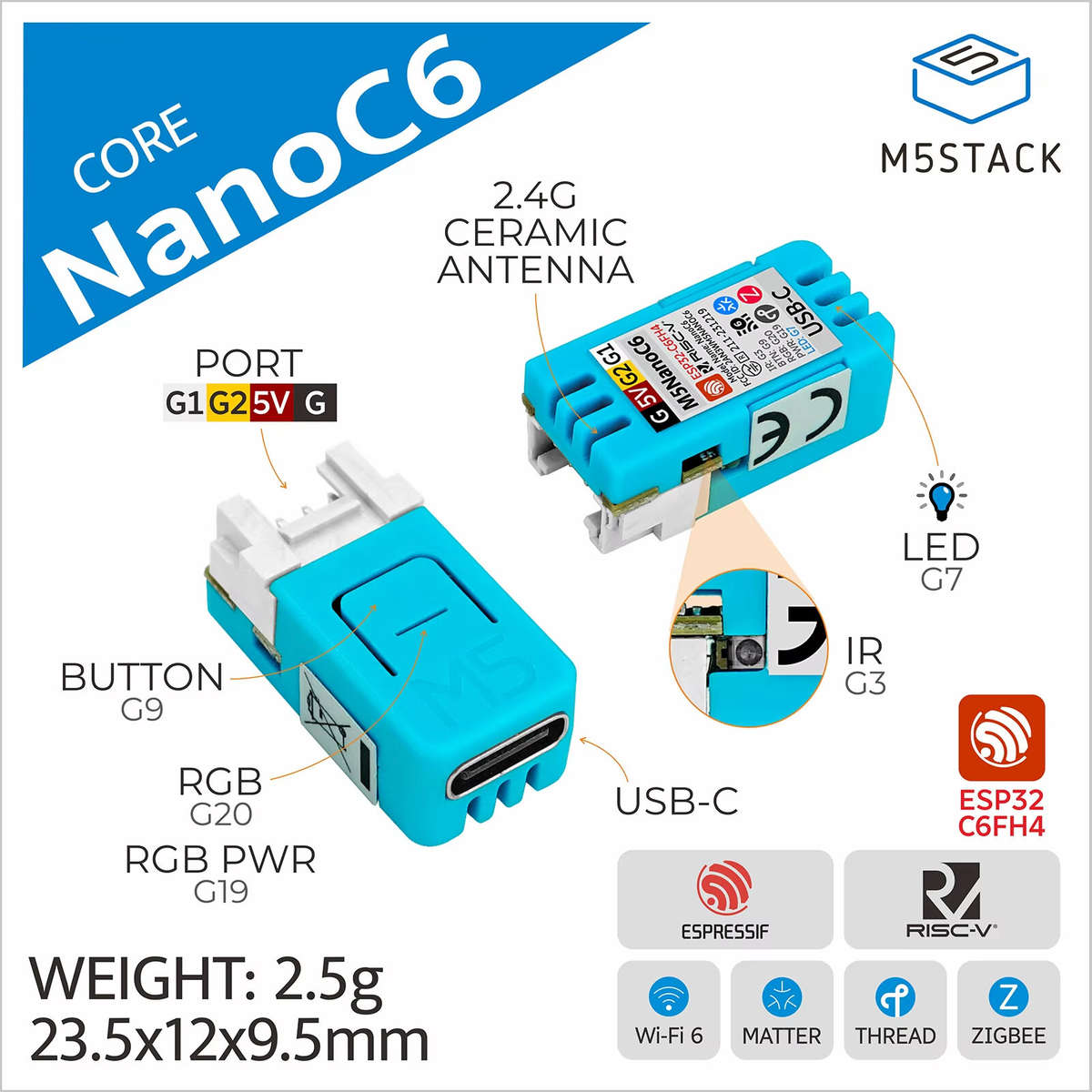 Blue - M5Stack NanoC6 Dev Kit ESP32-C6 Wi-Fi 6 Thread Matter RGB WS2812 Development Board for Smart