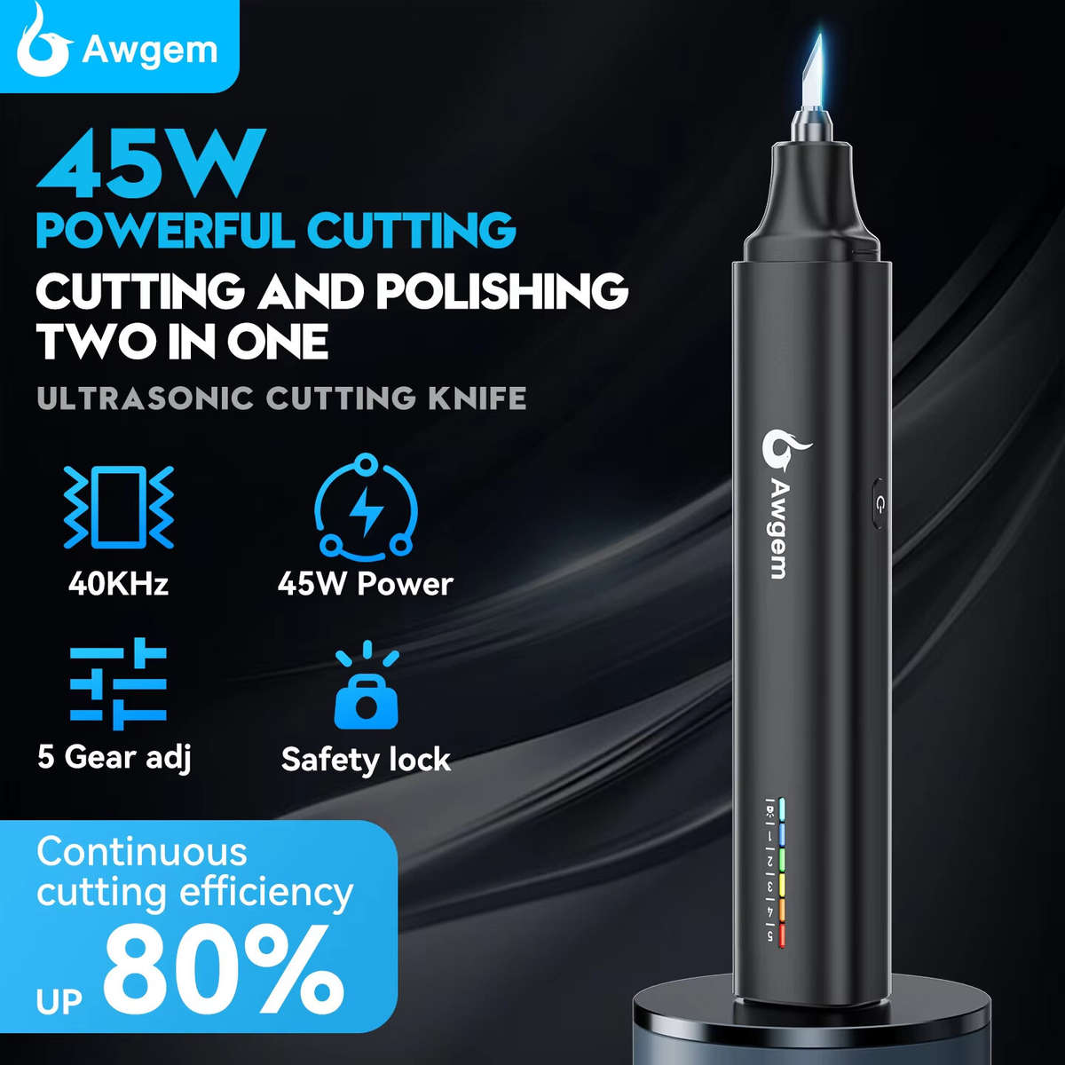 EU PLUG - Awgem KH1 Ultrasonic Cutting Knife 45W Power 5 Adjustable Gears High Frequency 40kHz Compa