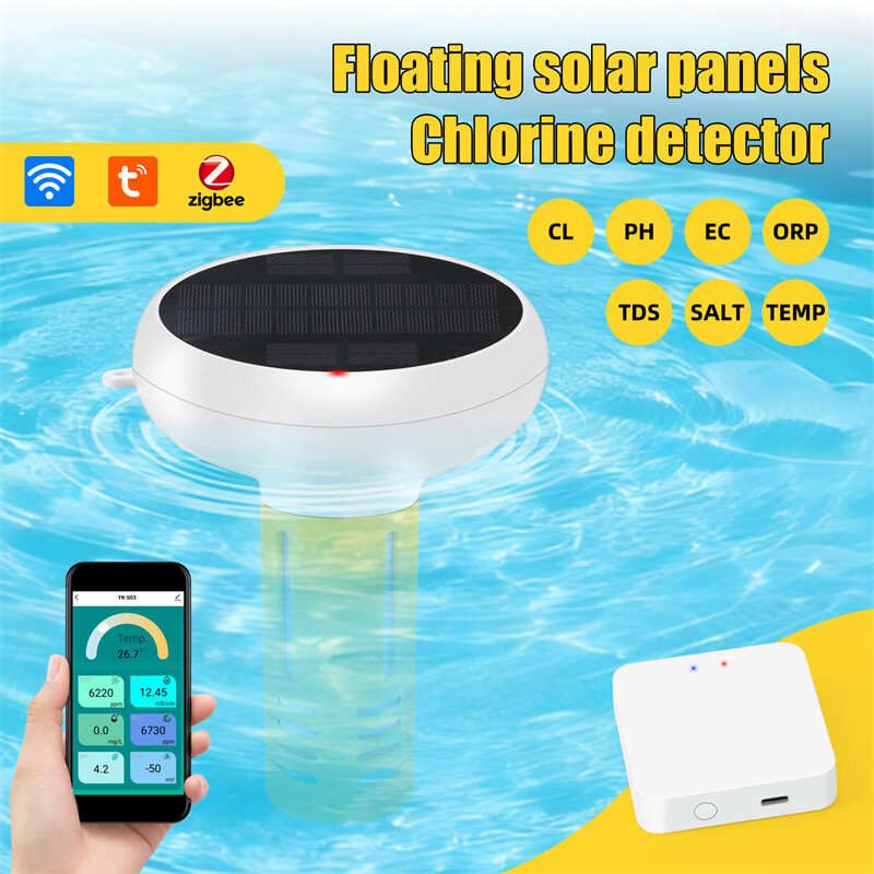 With Gateway - Upgrade Solar Powered Tuya ZigBe WiFi Pool Water Quality Tester 7-in-1 Floating Detec