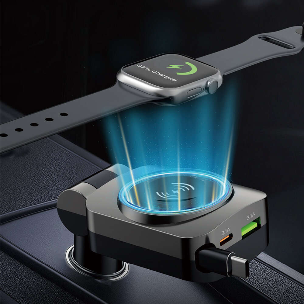Black - K38S Retractable Cord Watch Wireless Charger Ambient Lighting PD30W QC3.0 3.1A Car USB Multi