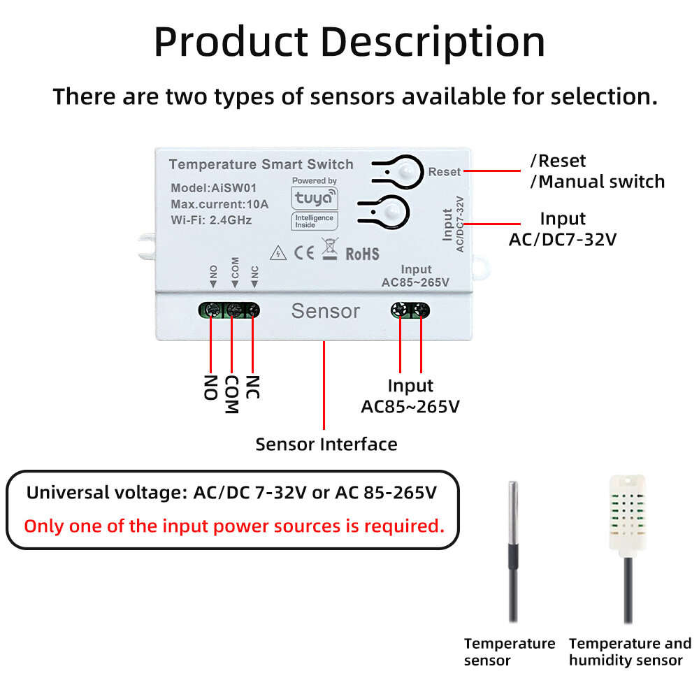 with 1M Sensor - Tuya WiFi Smart Switch Temperature Humidity Dry Contact 10A AC85-265V DC7-32V App R