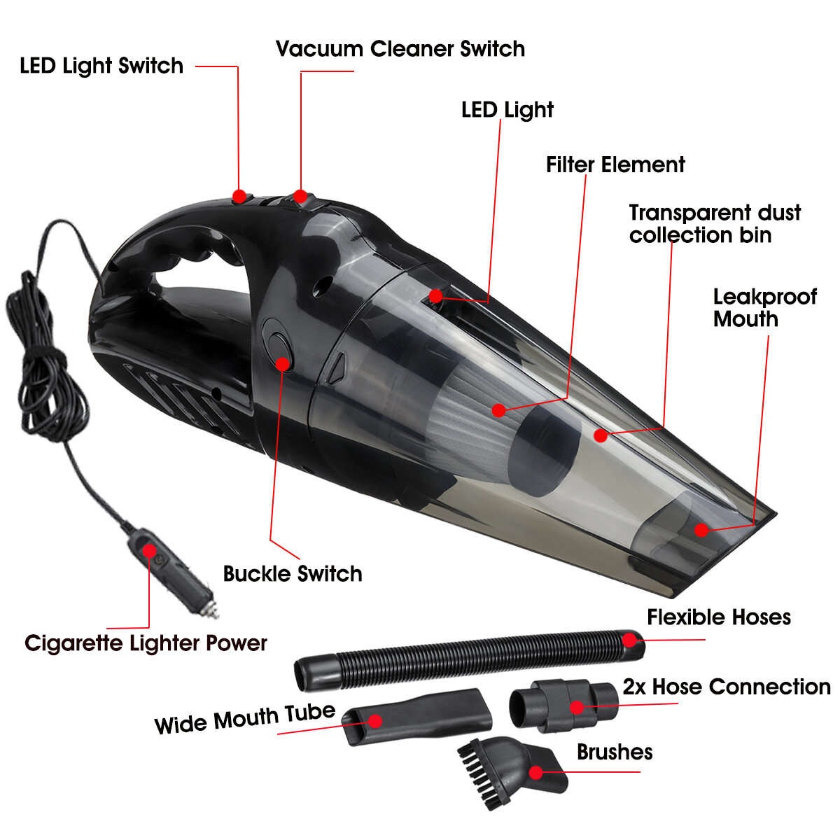 Black - 120W Portable Auto Car Handheld Vacuum Cleaner Duster Wet & Dry Dirt Suction with LED Light