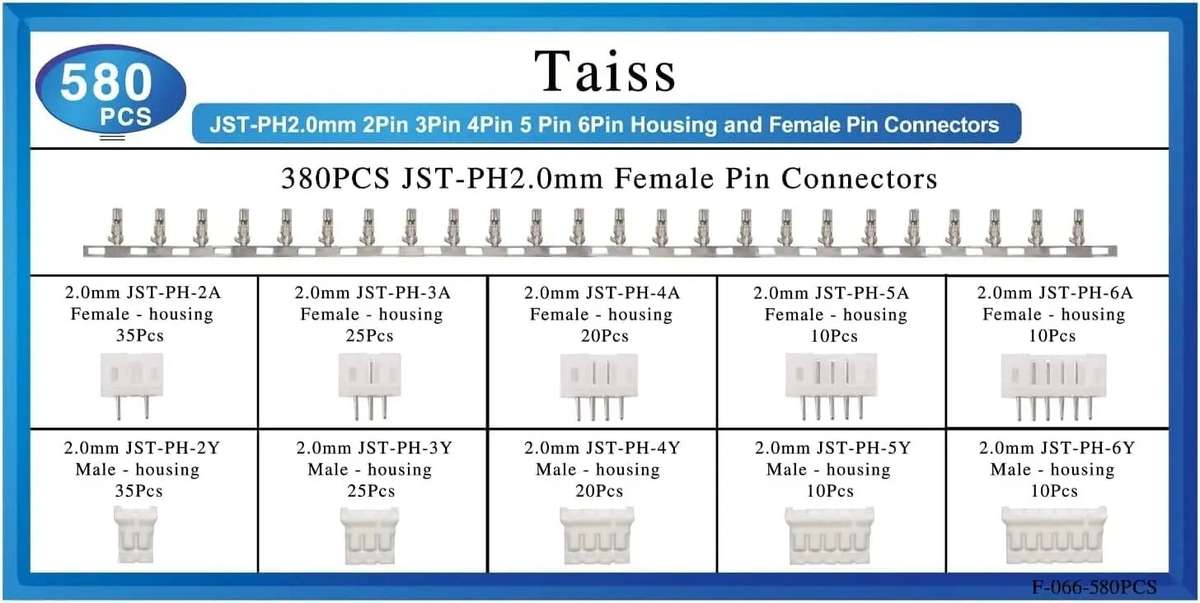 with box - 580PCS JST-PH2.0mm Pitch 2P3P4P5P6P Plastic Shell Straight Pin Base Connector Terminal