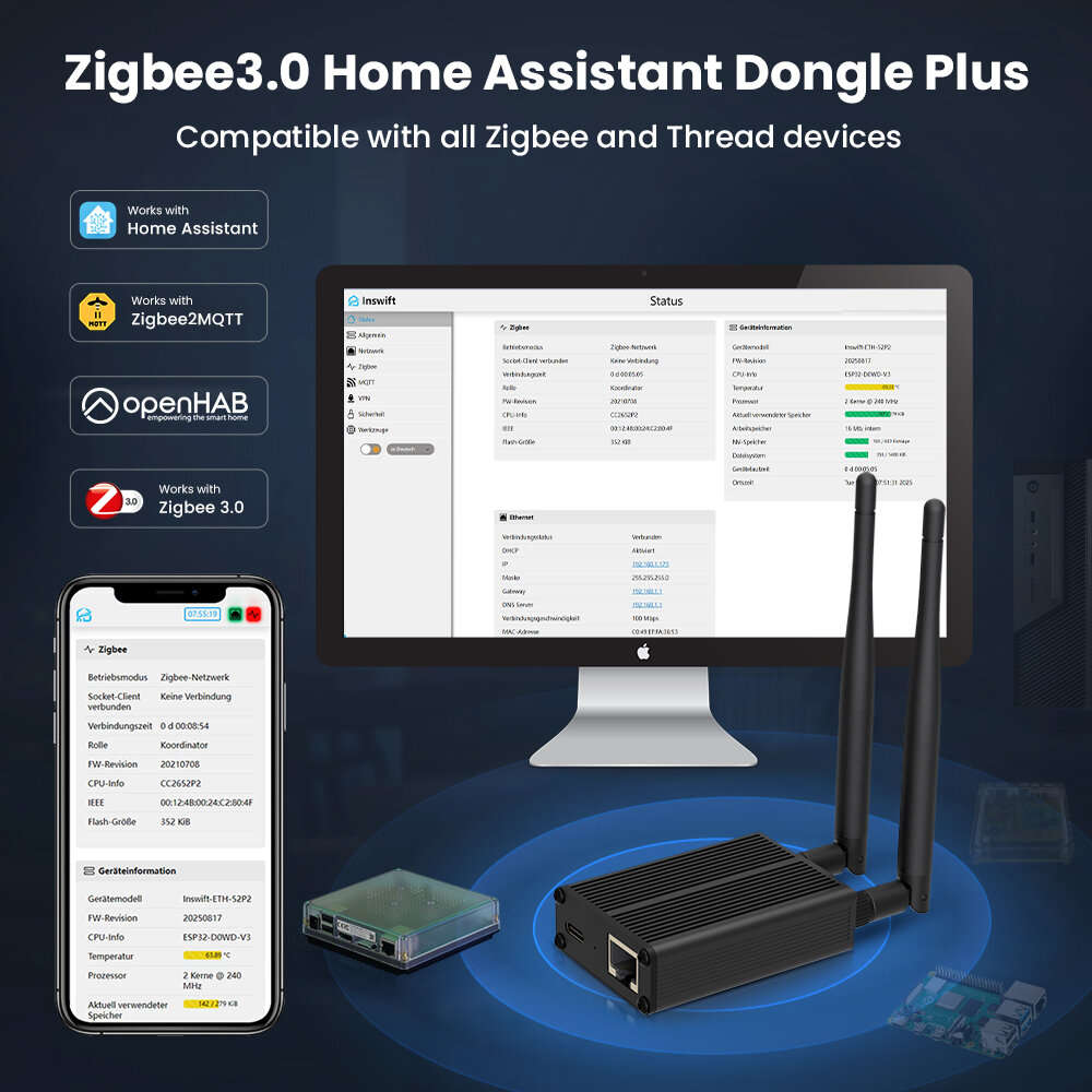 Zigbee - AVATTO ZigBee3.0 Dongle To Ethernet/USB/WiFi Gateway Coordinator Works With Zigbee2MQTT Hom