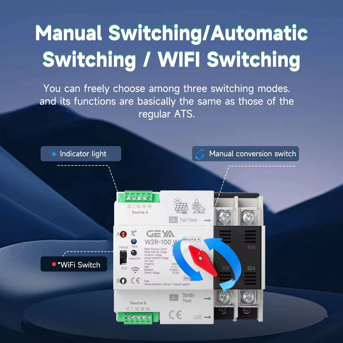 100A - GEYA Tuya WIFI Smart ATS 2P/3P/4P 230VAC Dual Power Automatic Transfer Switch Uninterrupted R