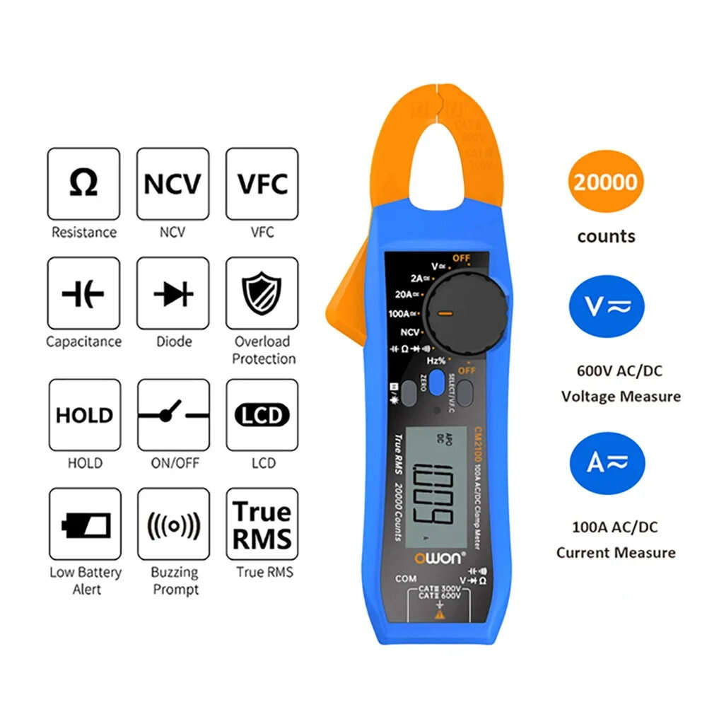CM2100B - OWON CM2100 CM2100B Digital Clamp Meter 20000 Counts True RMS Bluetooth NCV Auto Ranging A